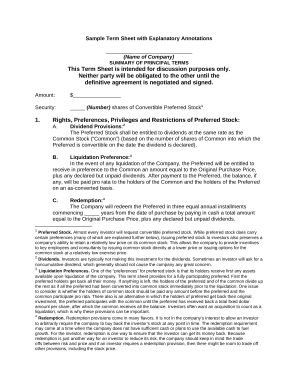 Sample Term Sheet for Convertible Preferred Stock
